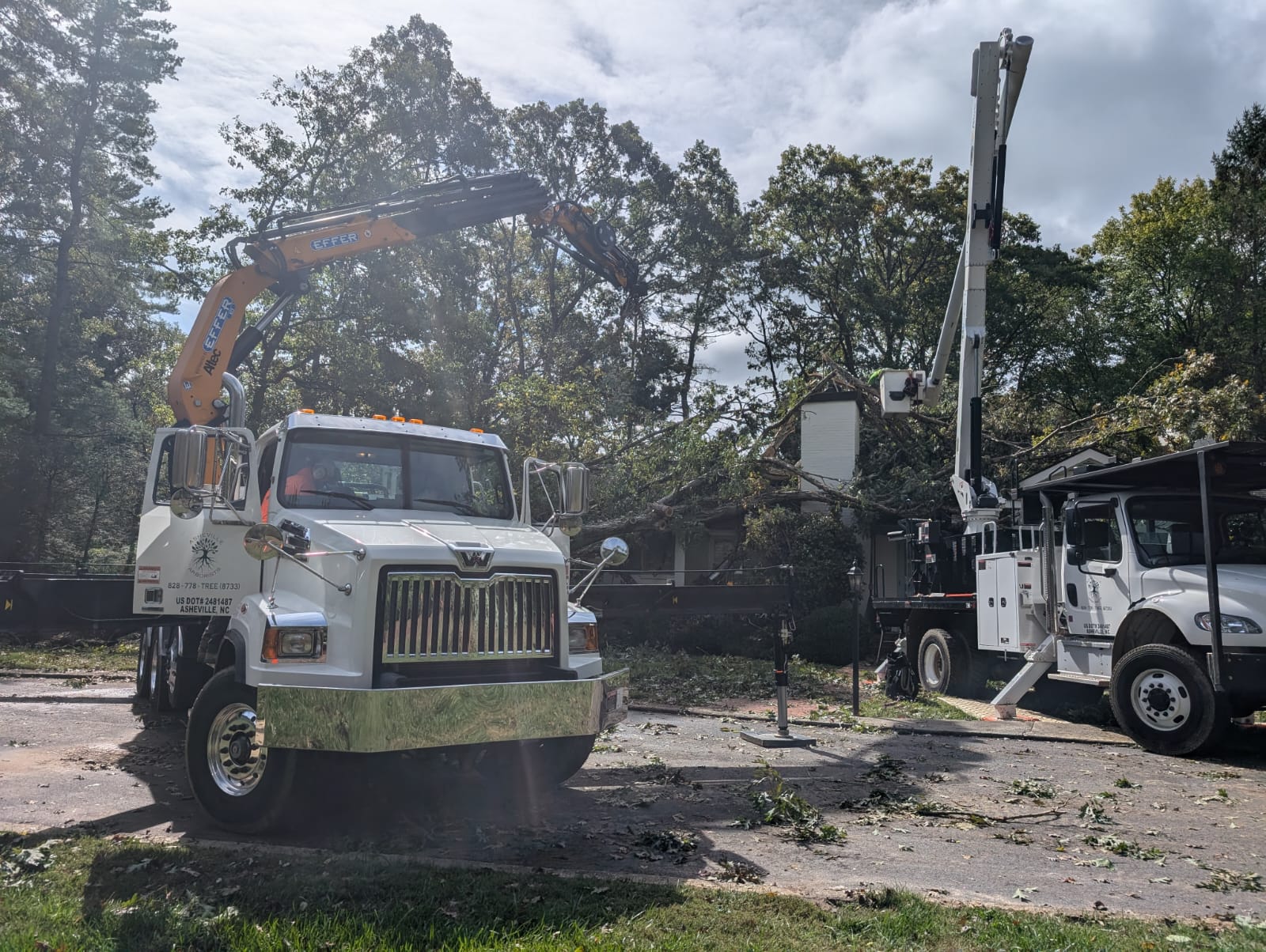 Asheville Arborists crane and crew working on a storm-damaged tree in Western North Carolina